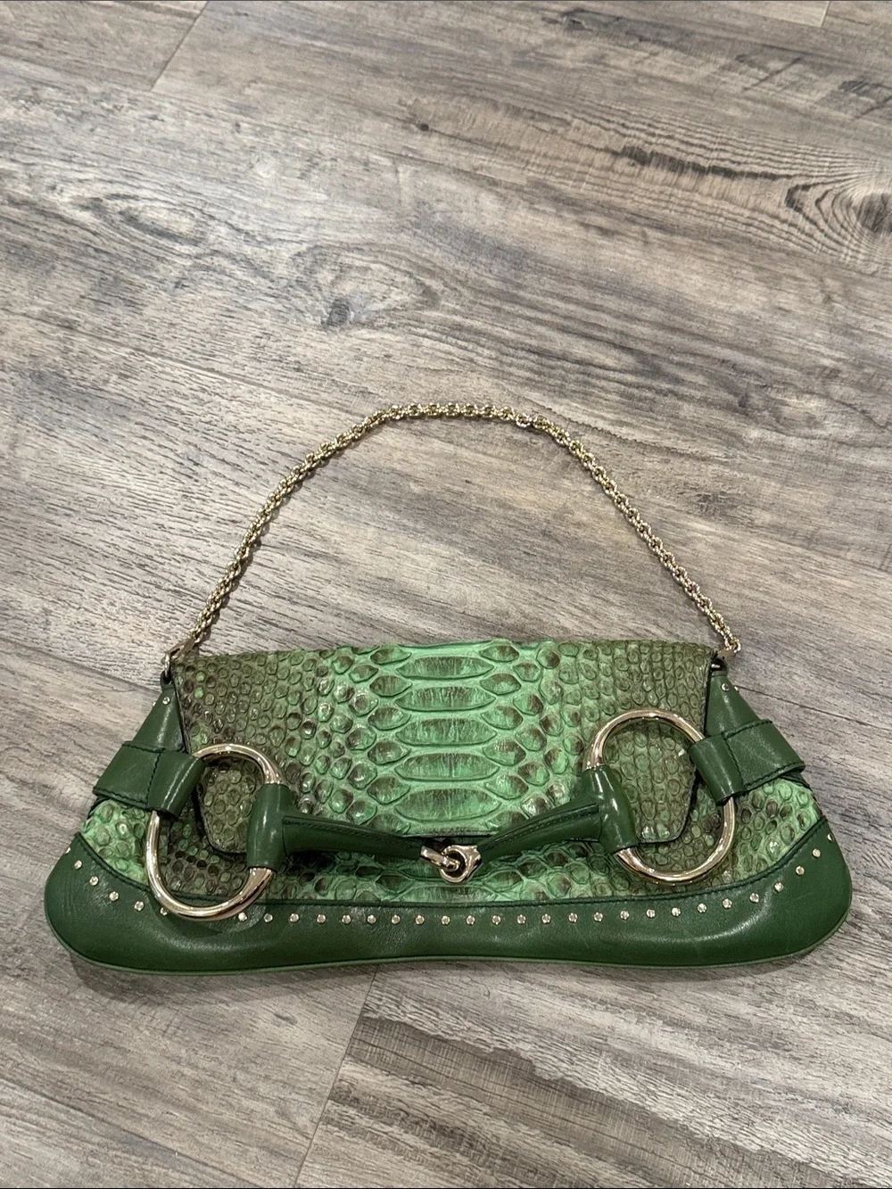 Tom Ford for Gucci 2004 Green Python Horsebit Chain Clutch Shoulder Bag Rare